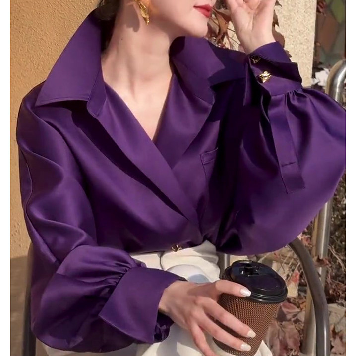 欧货高端时尚缎面紫色灯笼袖上衣衬衫女春季新款时髦气质宽松衬衣,女装/女士精品,真丝上装,淘宝优惠券,粉丝福利购,淘宝优惠卷