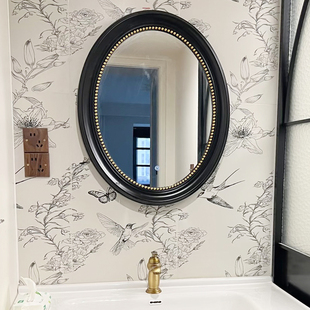 复古法式椭圆形黑色中古风浴室镜子壁挂镜装饰镜框卫生间浴镜智能