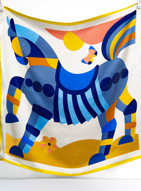 织光里丨100%真丝小方巾骏马蓝色丝巾女围巾高级气质围脖护颈领巾