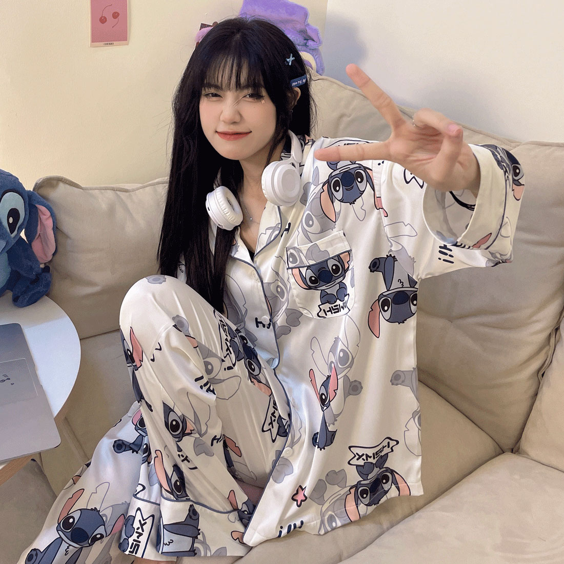 史迪仔冰丝睡衣女2025春秋新长袖可爱日系ins风丝绸秋家居服套装