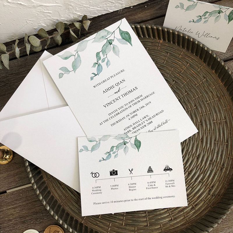 小清新水彩植物绿色叶子森系结婚请柬简约ins风婚礼喜帖邀请函