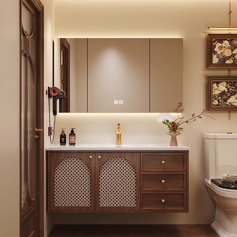 宋式美学浴室柜组合中古风橡木烤漆洗漱台可定制陶瓷一体盆洗脸柜