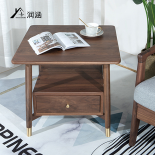 北欧黑胡桃实木双层边几沙发边小茶几正方形铜脚轻奢客厅边桌角