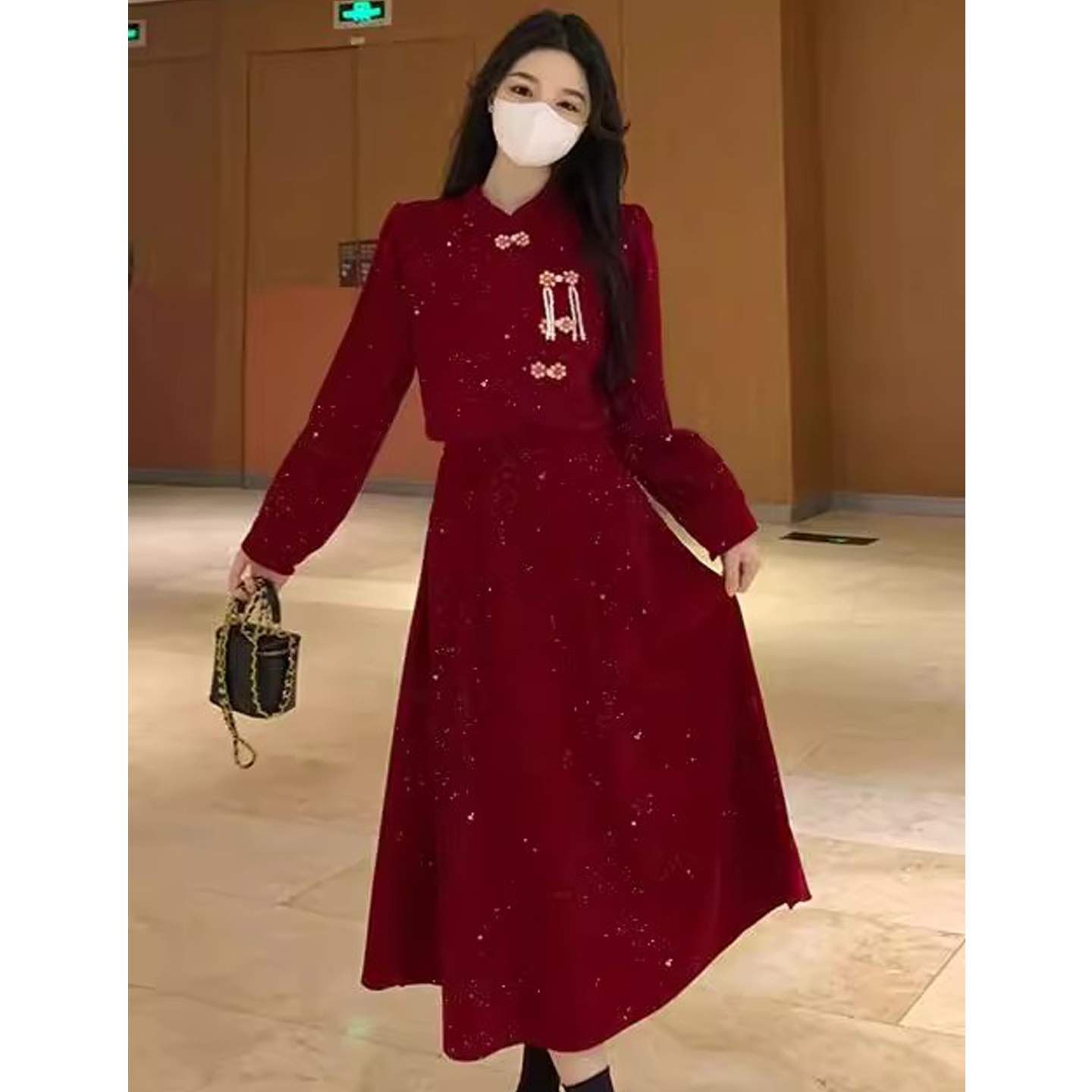 胖mm新中式敬酒服新娘红色回门连衣裙小个子订婚礼服秋冬长袖便装