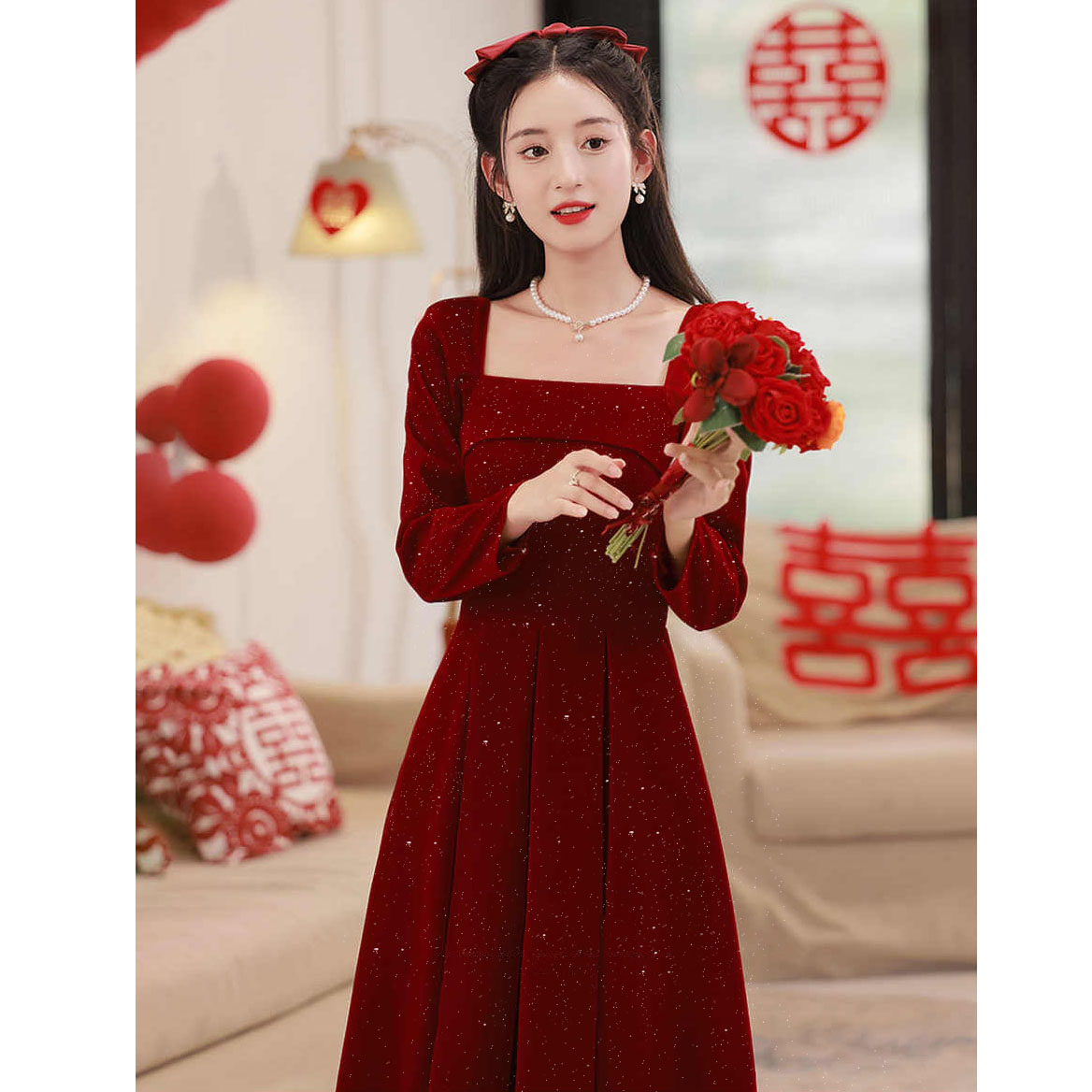 丝绒敬酒服简单大方长袖订婚礼服裙气质显瘦新娘回门服秋冬小个子