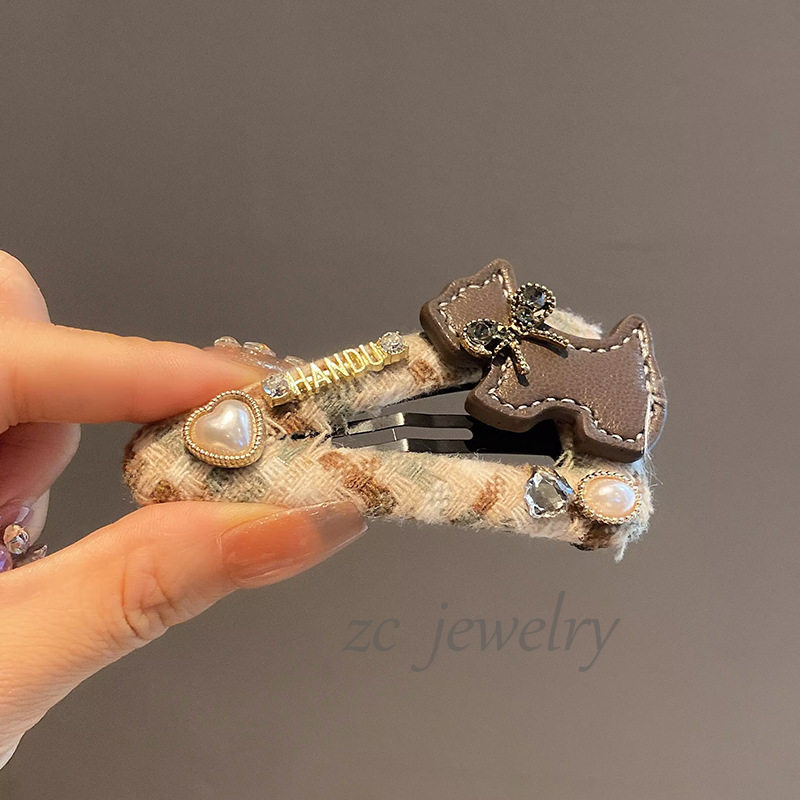 韩版东大门小香ins格子卡通皮质狗狗蝴蝶结发夹女时尚轻奢侧边夹