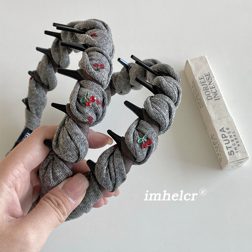 韩系精致高级灰色樱桃带齿发箍温柔优雅布艺缠绕头箍高颅顶发饰女