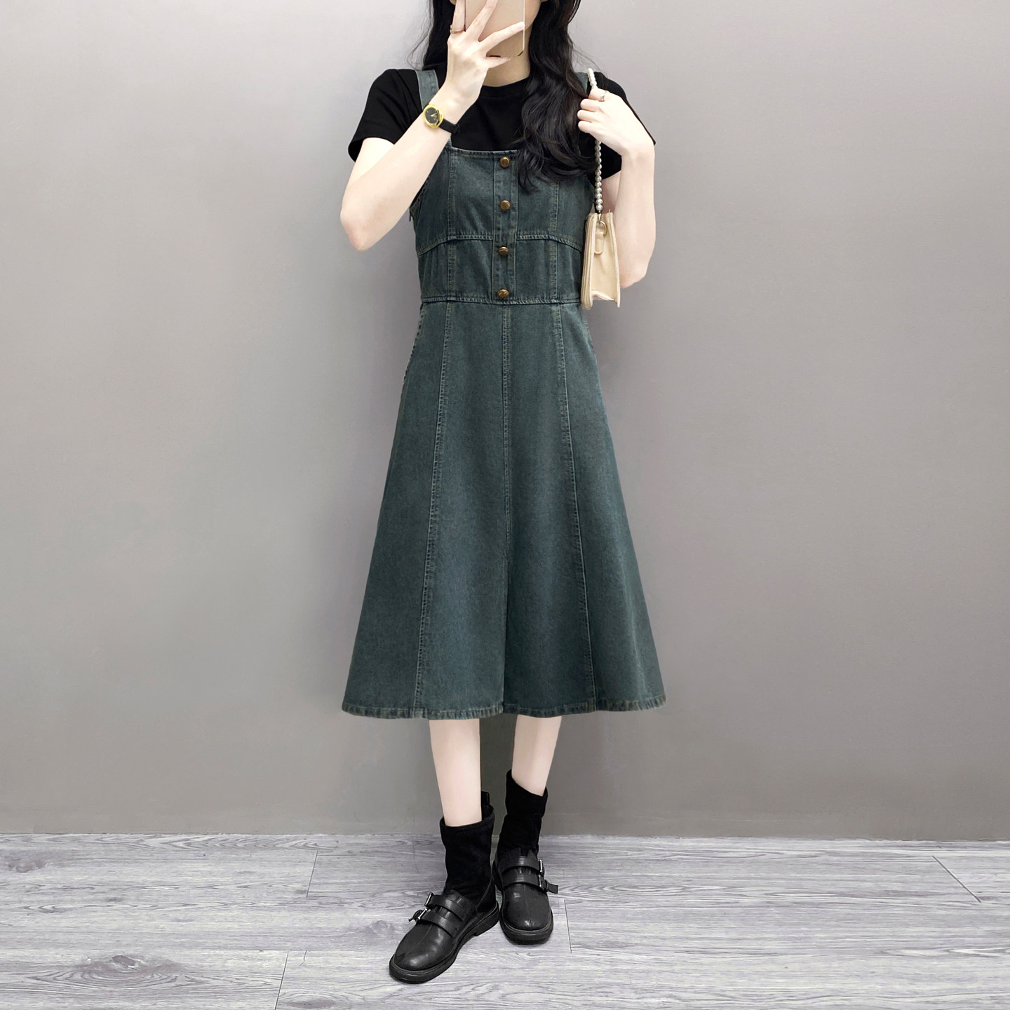 夏薄款牛仔背带裙女前开叉吊带裙