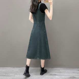 夏裙2026中长裙新款前开叉百搭宽松收腰背带裙牛仔吊带a字连衣裙