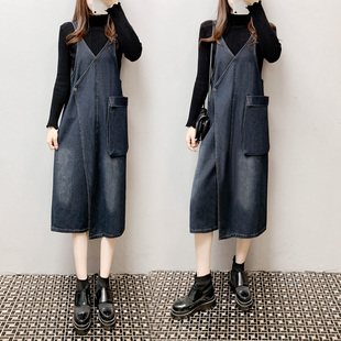 2025秋裙新款 宽松吊带连衣裙潮裙 胖mm百搭背带牛仔长裙加肥加大码