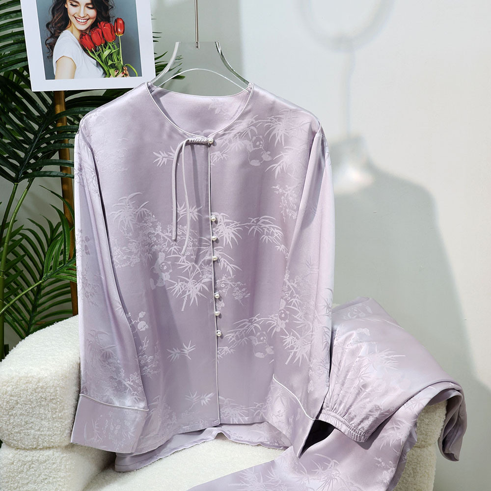 新中式国风提花真丝睡衣套装女春秋季长袖长裤桑蚕丝家居服可外穿