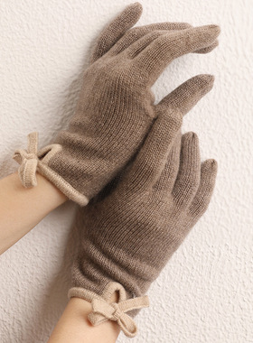 粉色灰色针织纯山羊绒毛线手套短款女秋冬保暖韩版百搭蝴蝶结五指