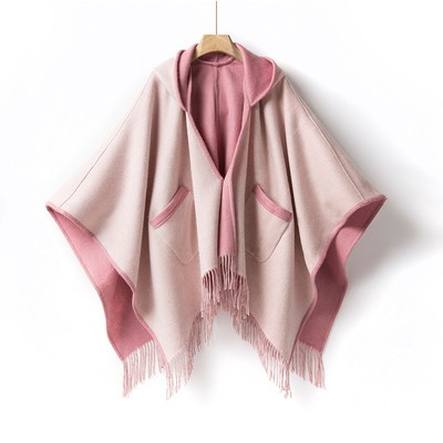 老钱风纯羊毛呢斗篷双面双色连帽男女秋冬季保暖防风御寒披肩外搭