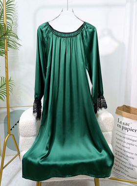 25年春季新款法式高级感绿色真丝睡裙女夏长袖宽松大码桑蚕丝睡衣