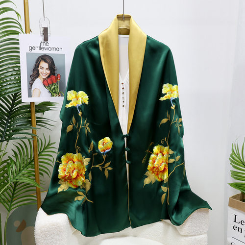 中国风重磅真丝盘扣旗袍披肩外搭高端女手绘刺绣双层双面丝巾礼盒