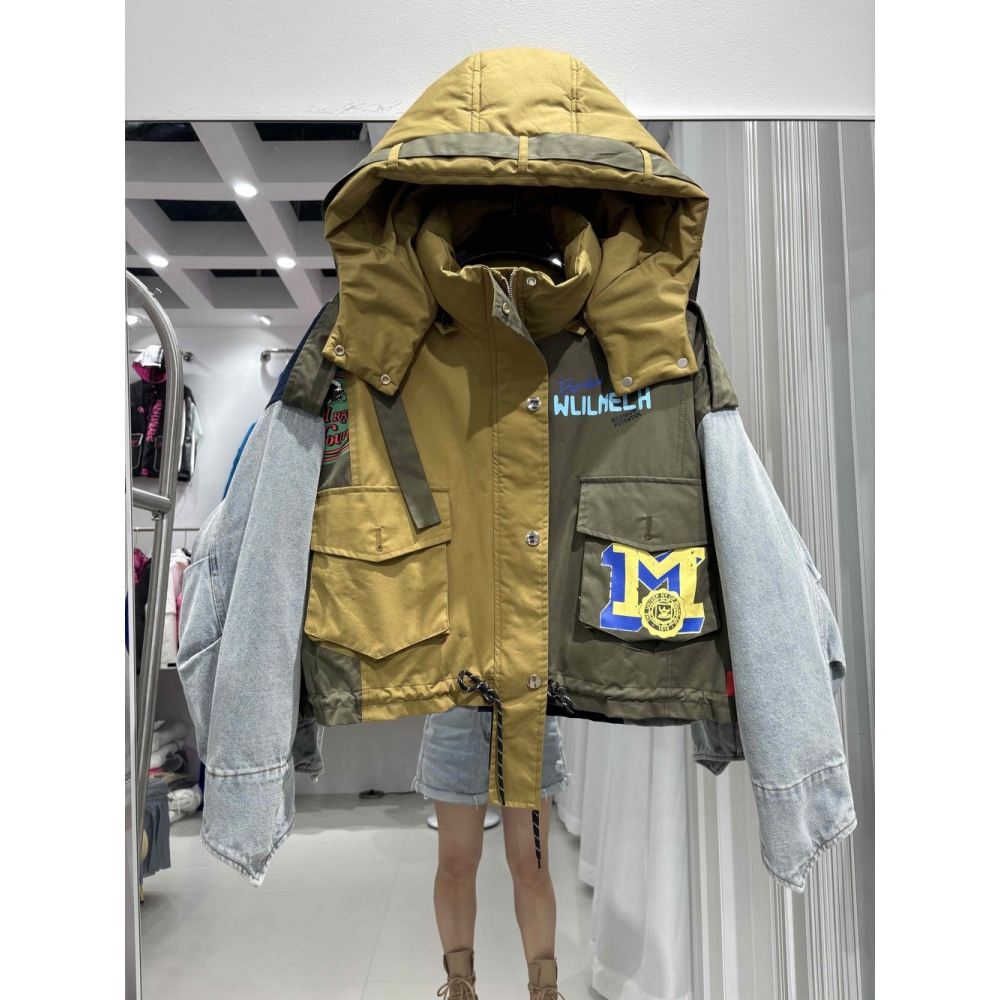 2025冬季新款羽绒服女短款潮牌欧货牛仔拼接字母印花小个子外套爆