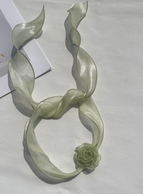 设计师绿色花朵薄纱丝巾长条飘带装饰领巾森系复古项链颈带手腕花