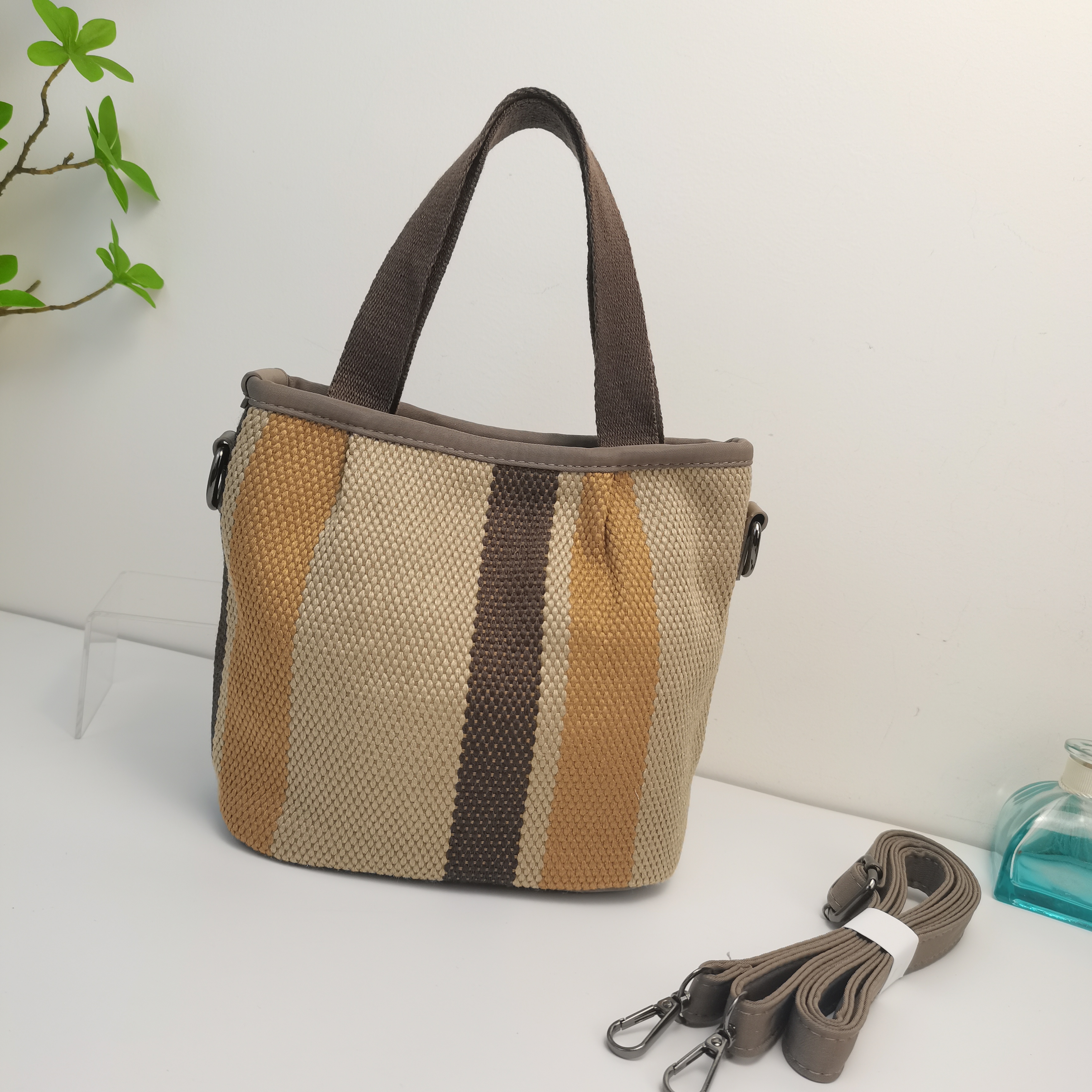 8839手提包女士休闲亚麻小布包日常出行单肩斜挎包简单竖条纹小包