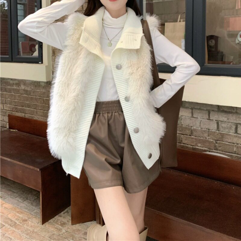 立领针织拼接马甲女背心韩版2025秋冬新款宽松毛绒马夹无袖外套潮