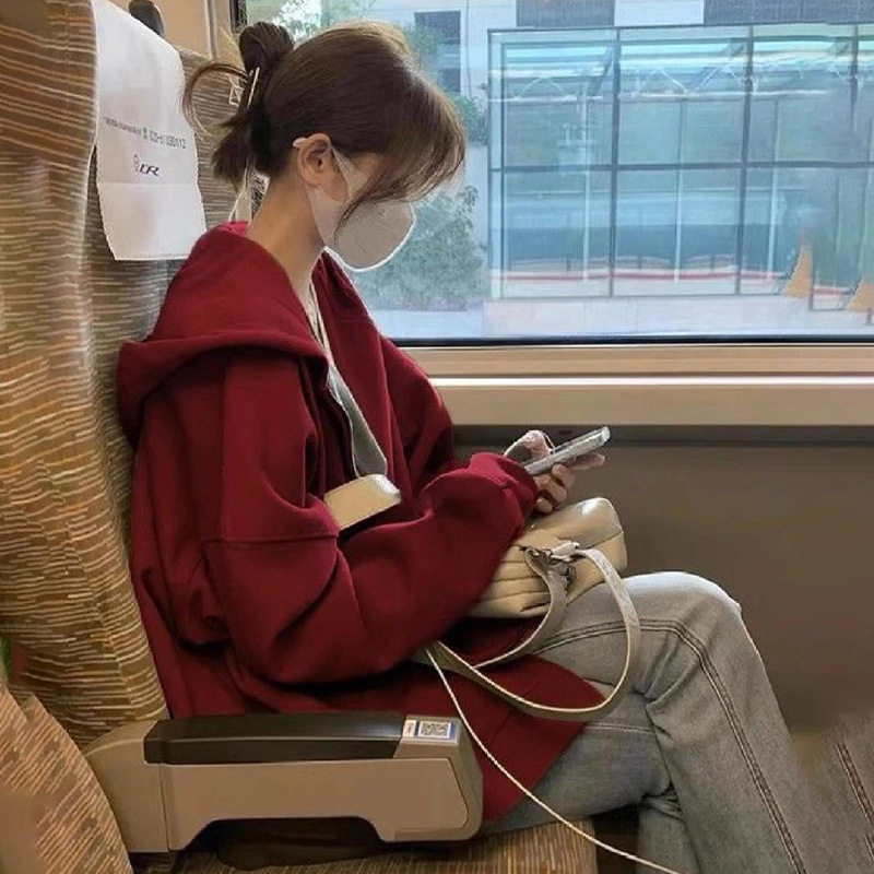 红色连帽卫衣外套女早秋季拉链开衫休闲薄上衣韩系宽松慵懒风穿搭