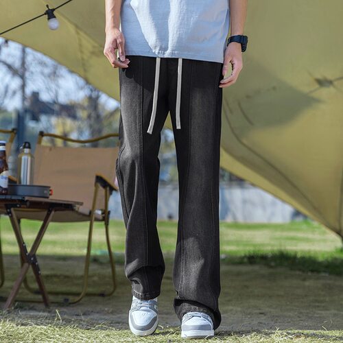 裤子男潮流宽松黄泥微喇bootcut弯刀牛仔裤男士高街休闲水洗长裤