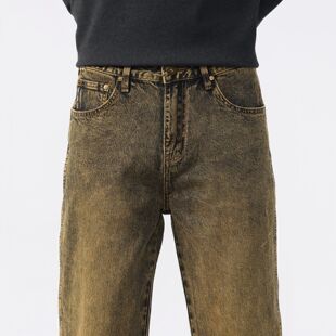 宽松直筒男裤 男士 高街潮牌复古做旧黄泥色阔腿牛仔裤 跨境秋冬美式