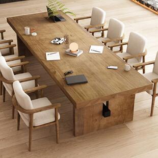 原木大板会议桌长桌大型办公桌子实木长条洽谈桌椅组合培训工作台