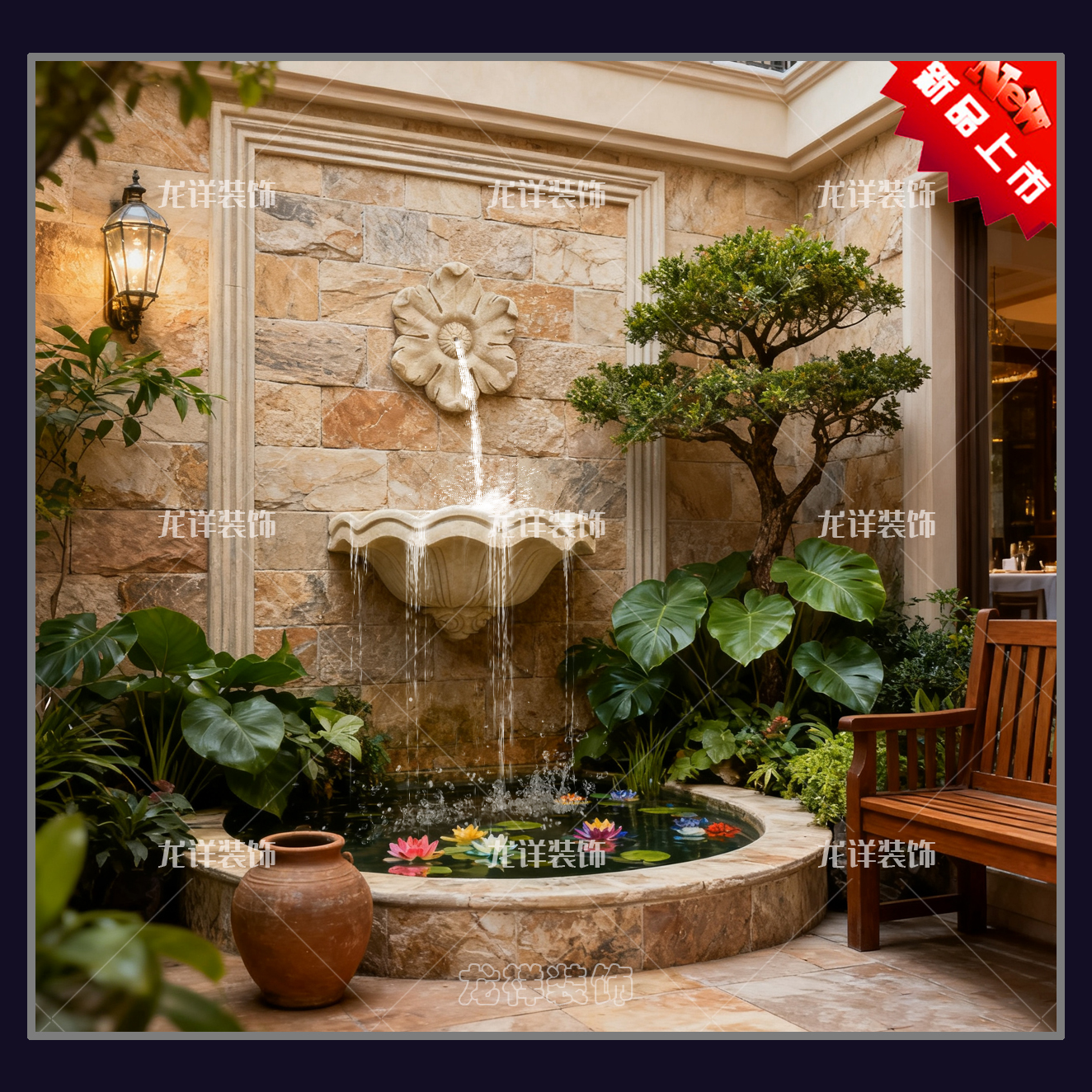 人造砂岩花朵浮雕立体雕塑喷泉聚宝盆流水盆玻璃钢中式餐饮店摆件