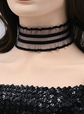 黑色弹力颈圈宽边锁骨链女