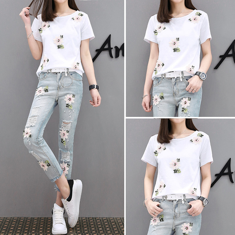 [singleton/suit] 2019 summer Womens sports T-shirt Jeans Two sets of leisure fashion suitin the Women's clothing/Boutique , Dress  category - from Buy2taobao.com to provide professional Taobao agent buy service