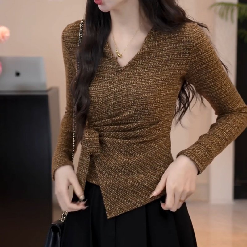 千金风蝴蝶结绑带交叉V领独特绝美T恤女百搭显瘦长袖打底衫上衣潮