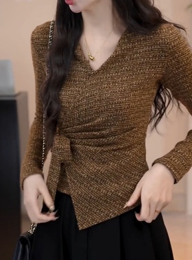 千金风蝴蝶结绑带交叉V领独特绝美T恤女百搭显瘦长袖打底衫上衣潮