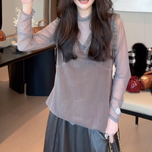 韩系纯色丝绒拼接蕾丝V领吊带背心女2025小众洋气叠穿打底上衣潮