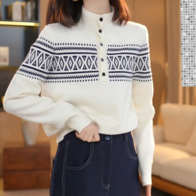 费尔岛提花刺绣半高领长袖针织衫女秋冬2025新款韩系洋气内搭上衣