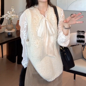 镂空休闲背心上衣 时尚 蕾丝设计款 减龄百搭无袖 拼接长袖 衬衫 套装