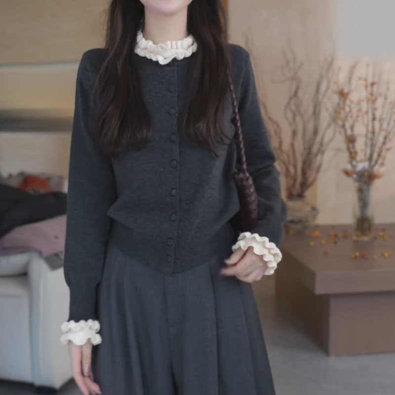 【墨未染】法式百搭时尚百搭气质花边甜美韩版套头针织衫上衣女