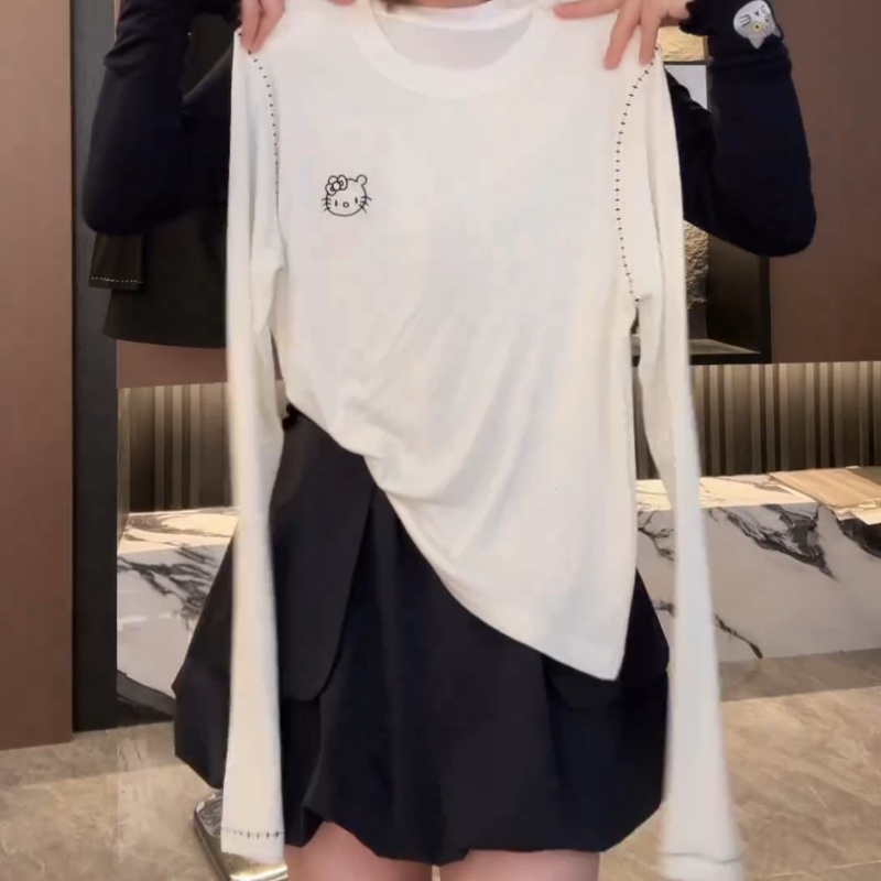 【鱼骨线刺绣长袖】纯色圆领套头T恤女早秋2025新款打底衫上衣