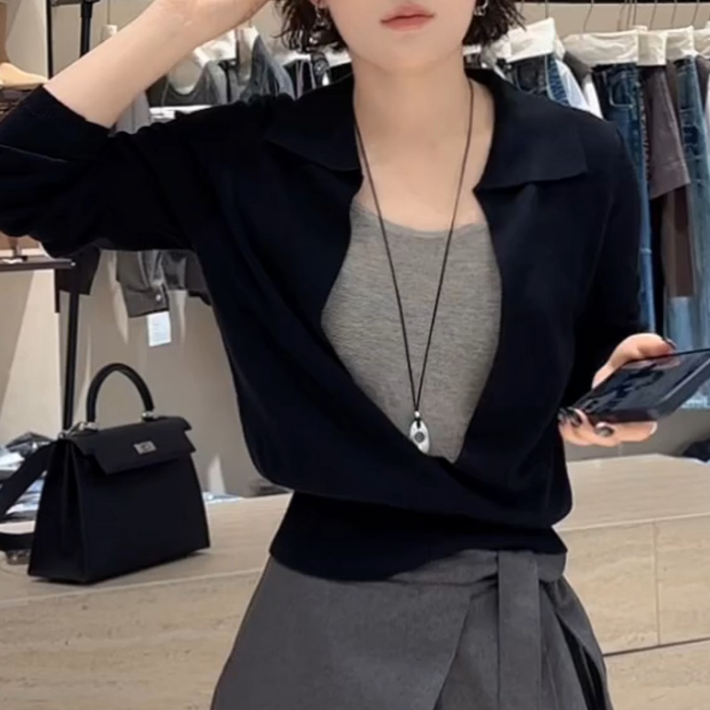 秋季新款气质百搭款长袖设计感假两件洋气休闲高级感上衣针织衫