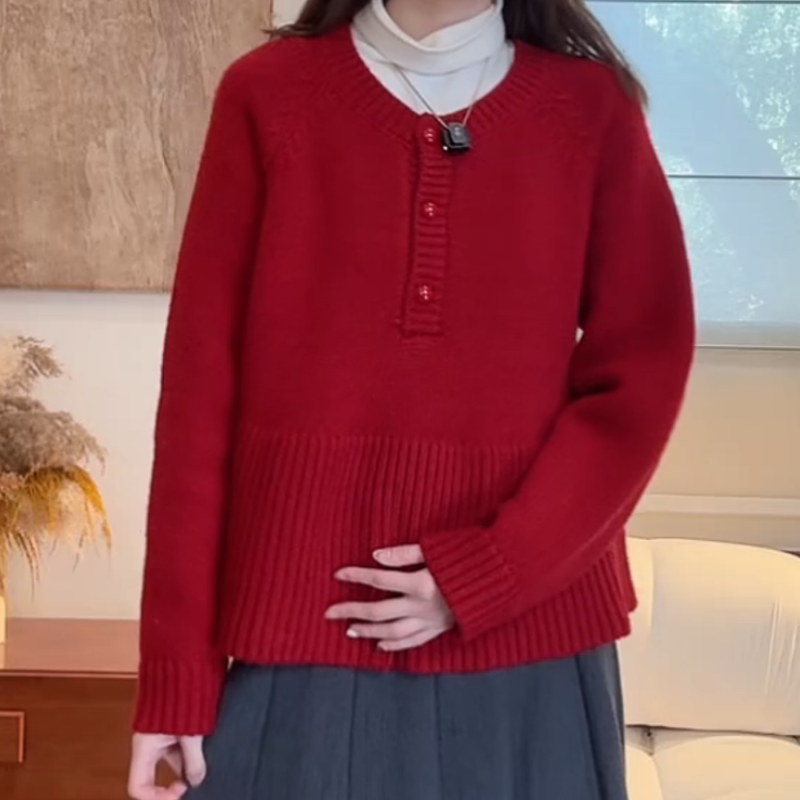 2025冬季洋气百搭裙摆荷叶花边半纽扣毛衣女加厚软糯针织衫上衣潮