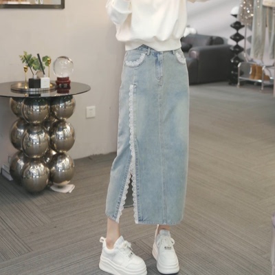 蕾丝拼接牛仔半身裙女