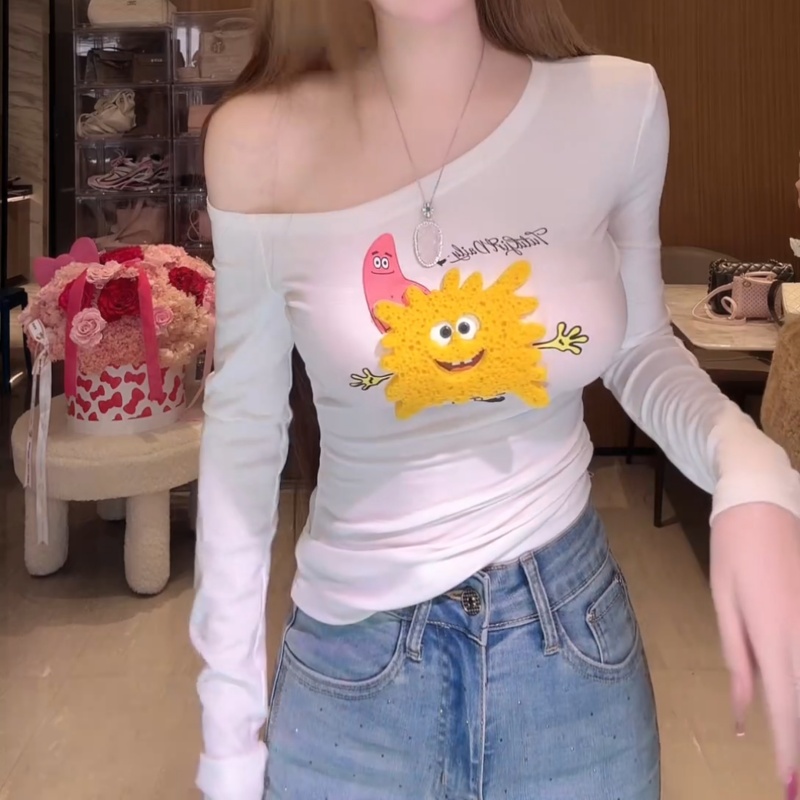 【海绵宝宝】原创新款修身百搭斜肩刺绣长袖上衣T恤2025新款打底