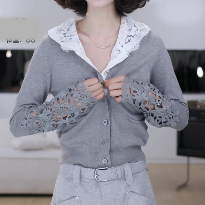 法式镂空拼接勾花连帽打底针织衫女2025春季新款洋气显瘦百搭上衣