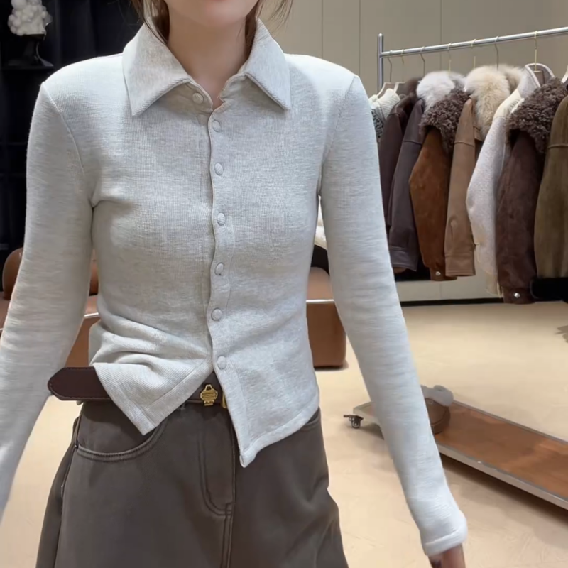 冬季加绒Polo领气质长袖时尚约百搭打底衫上衣纯色修身衬衫女外穿