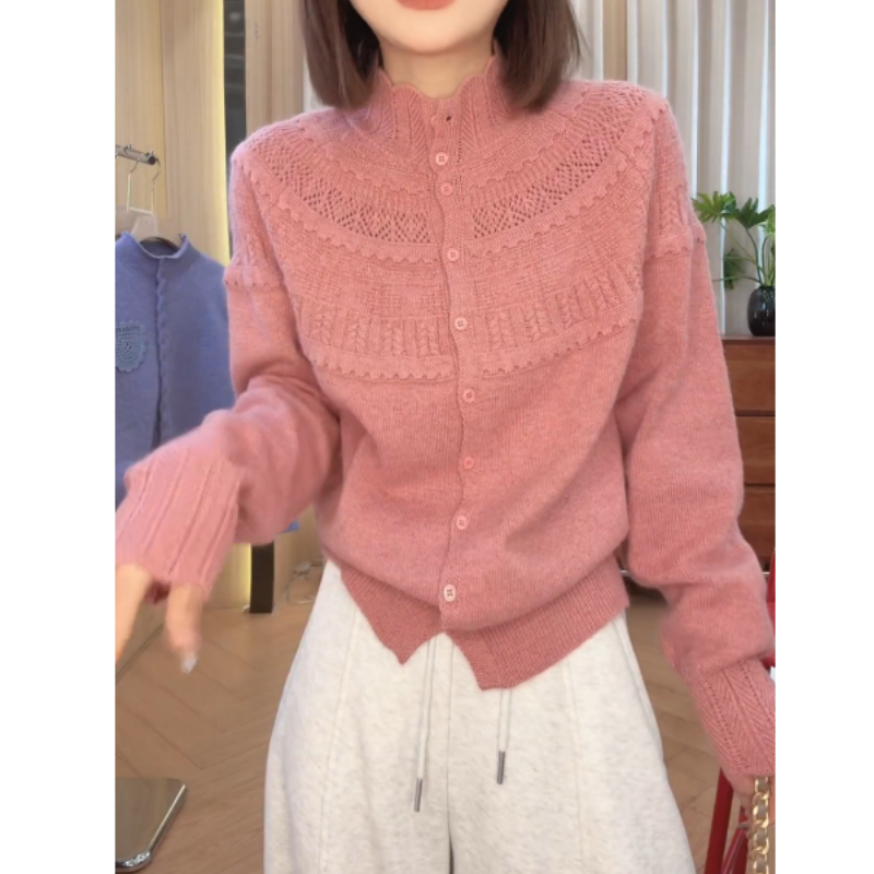 米白色立领单排扣勾花镂空长袖针织开衫女秋冬2025新款设计感上衣,女装/女士精品,毛针织衫,淘宝优惠券,粉丝福利购,淘宝优惠卷