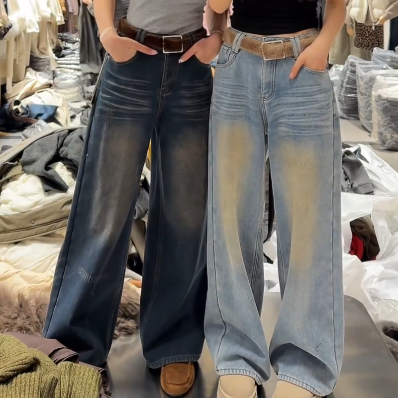 高级感阔腿牛仔裤女新款加绒加厚冬季裤子水洗直筒做旧休闲长裤子