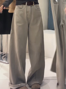 奶茶灰卡色加绒牛仔弯刀裤女2025年秋冬季新款韩版高腰阔腿香蕉裤