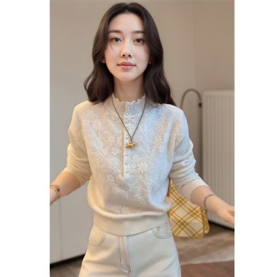 立领木耳边蕾丝针织衫女秋冬白色长袖打底衫2025新款收腰内搭上衣