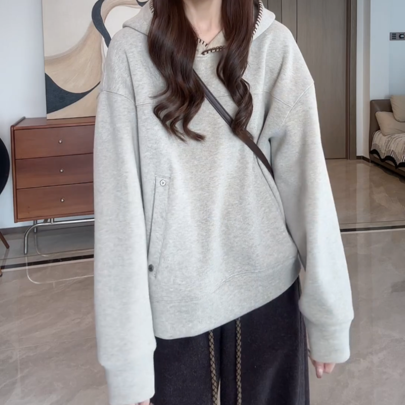 新款韩系INS风宽松帽衫撞色边口袋加绒连帽套头长袖卫衣女短外套