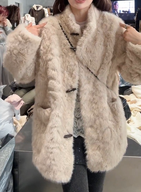 1971韩系宽松立领牛角扣仿水貂毛外套女2025冬季显瘦环保皮毛一体