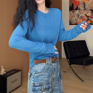 韩系宝蓝色防晒长袖t恤女夏季薄款罩衫2026新款显瘦修身正肩上衣
